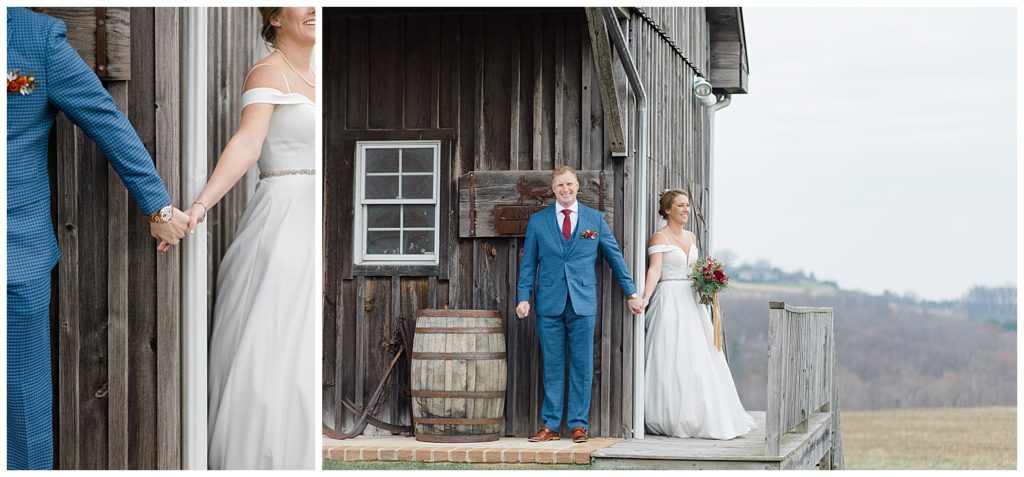 Keith and Arielle holding hands around the corner for a "first touch" at wyndridge farms