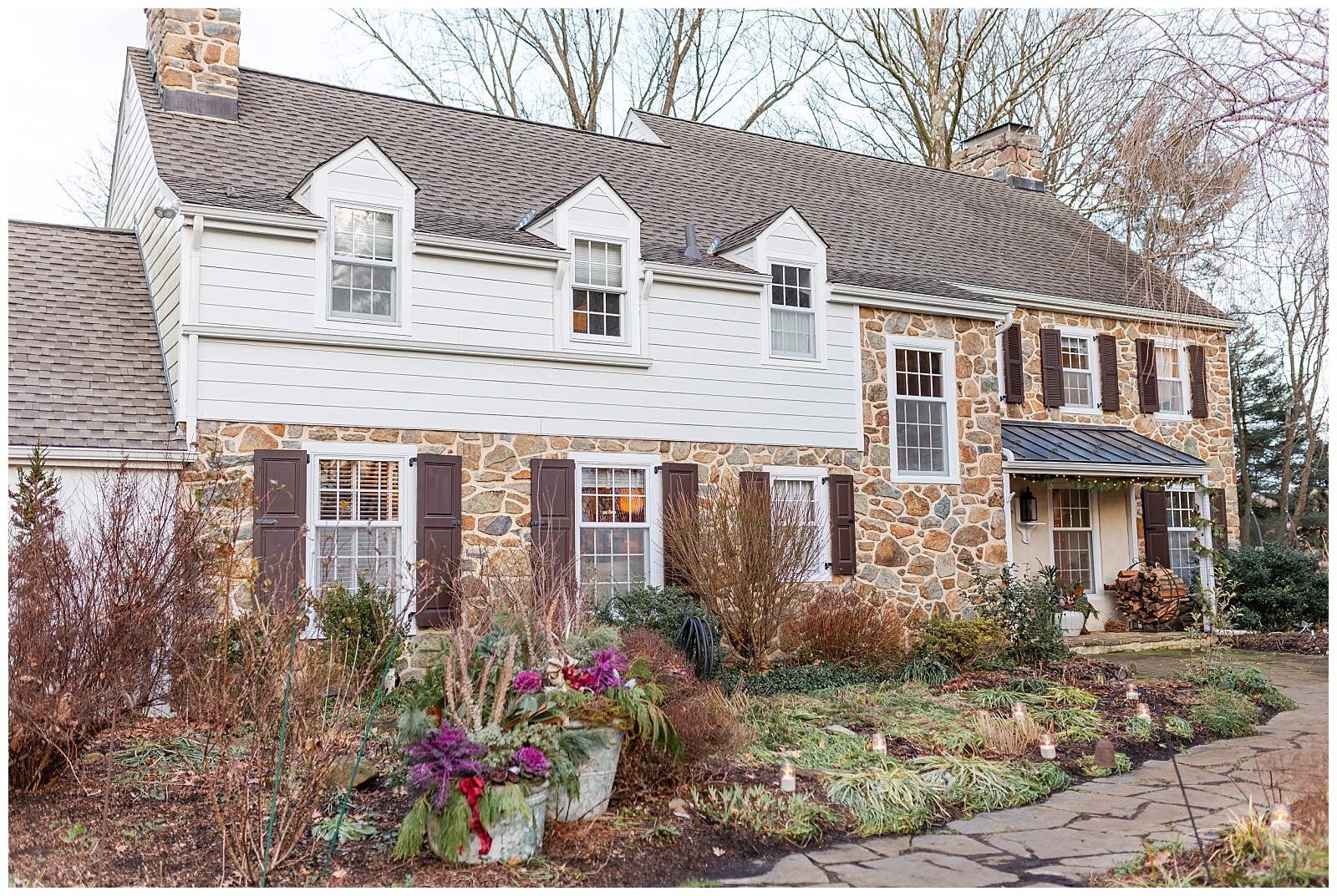 exterior of house in west chester PA decorated and ready for intimate home wedding ceremony. Photo by em and tom weddings.