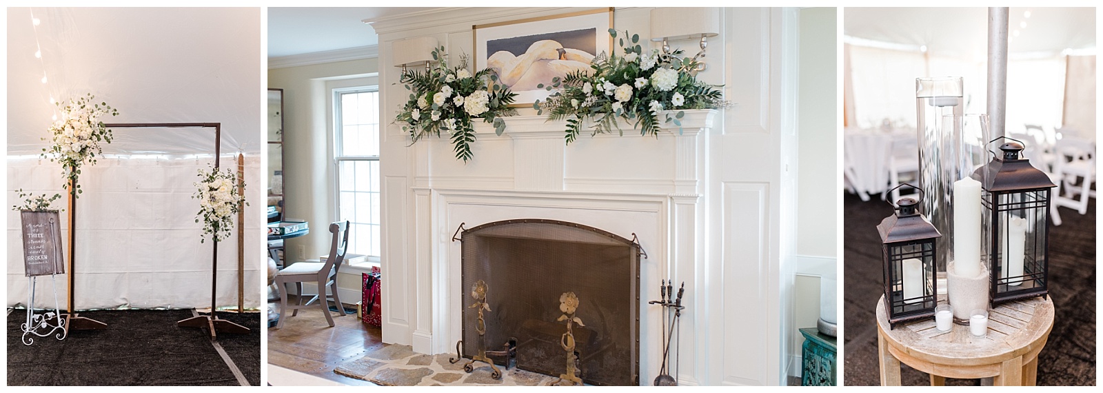 white roses and greenery decorate wedding signage and altar at intimate home wedding in westchester pa