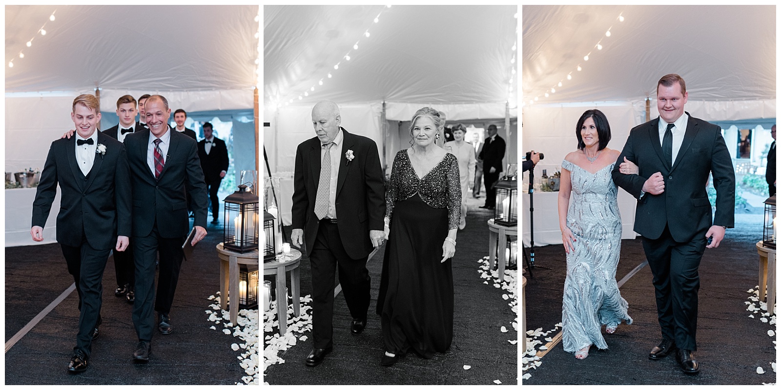 wedding party enters the tented ceremony