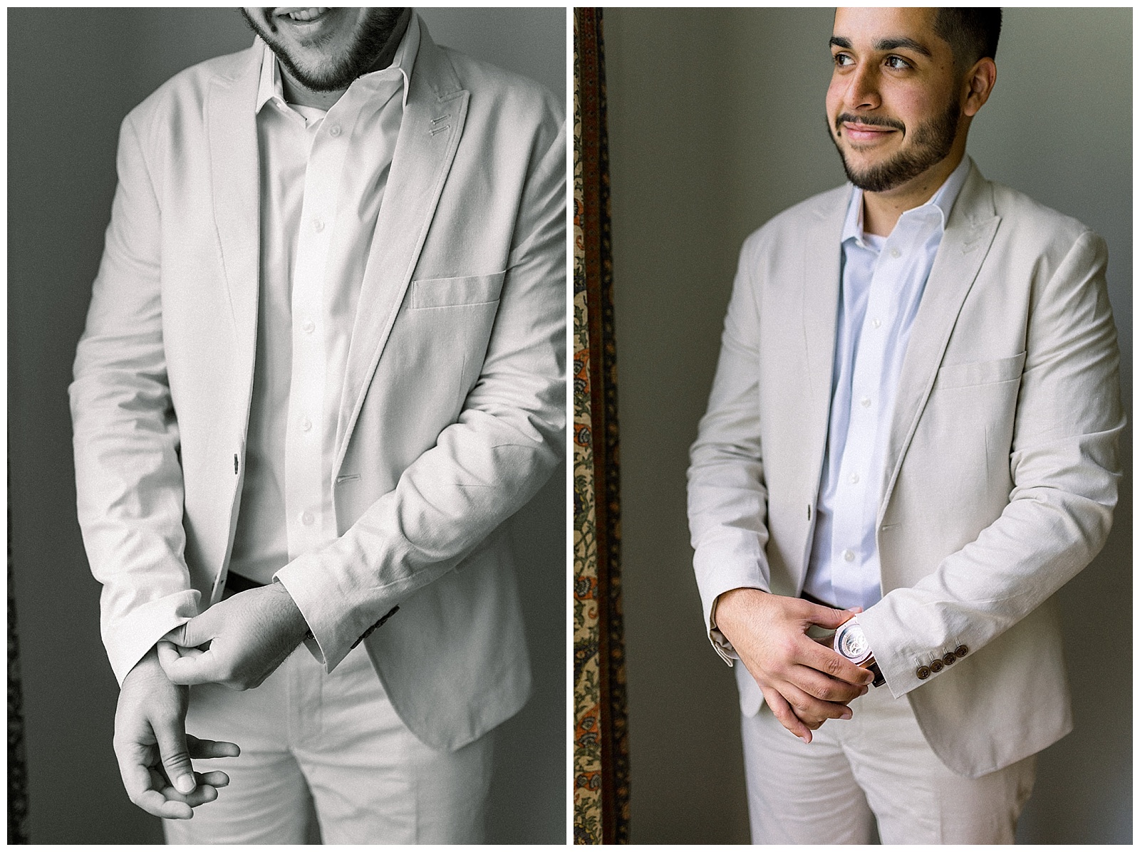 groom-to-be adjusts his watch and jacket cuffs just before his wedding ceremony, an intimate home wedding at the parents of his bride's house