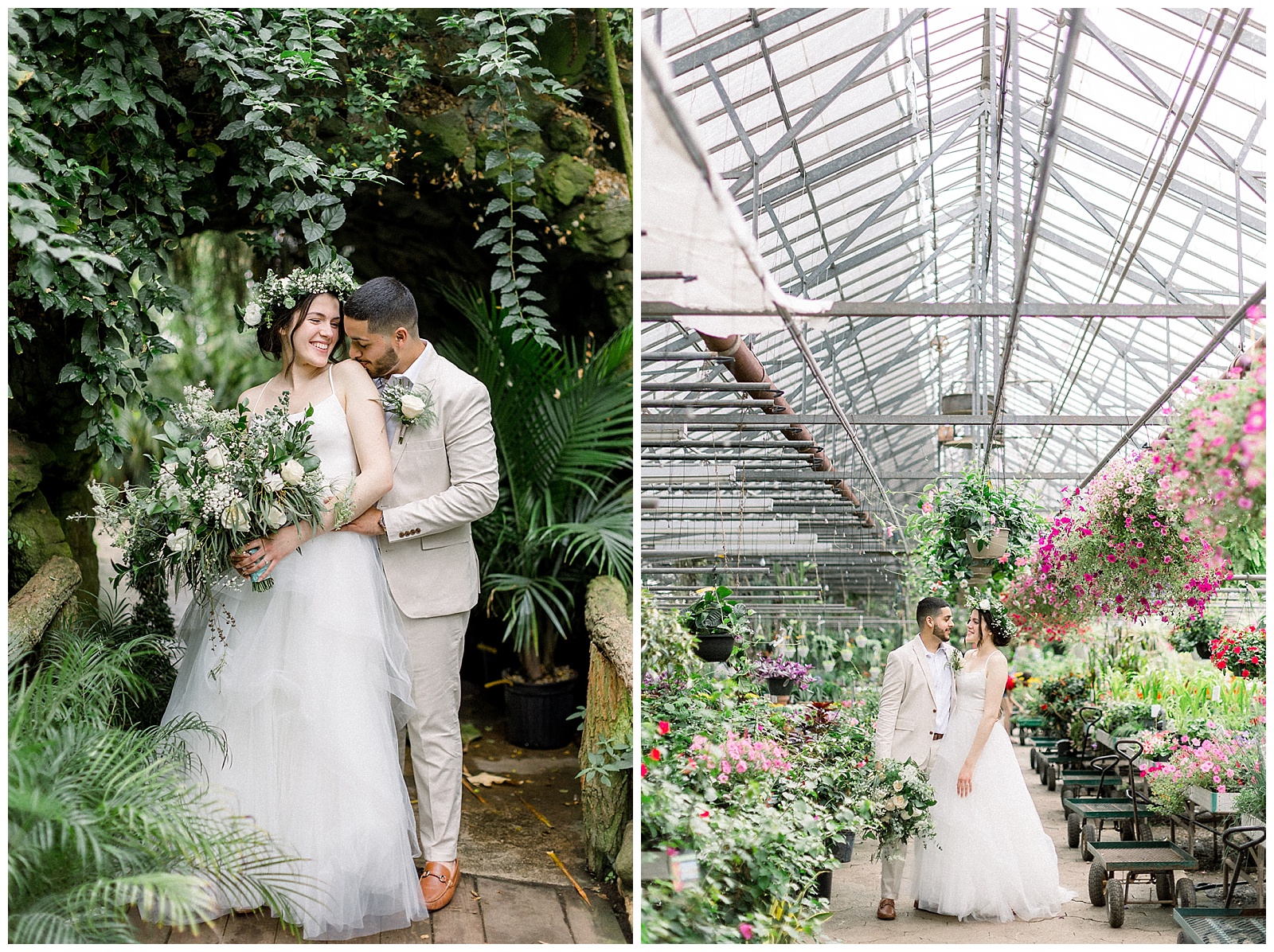 portrait of couple at otts exotic plants greenhouse in pa on their wedding day in boho wedding attire and floral crown, right before their intimate home DIY wedding ceremony