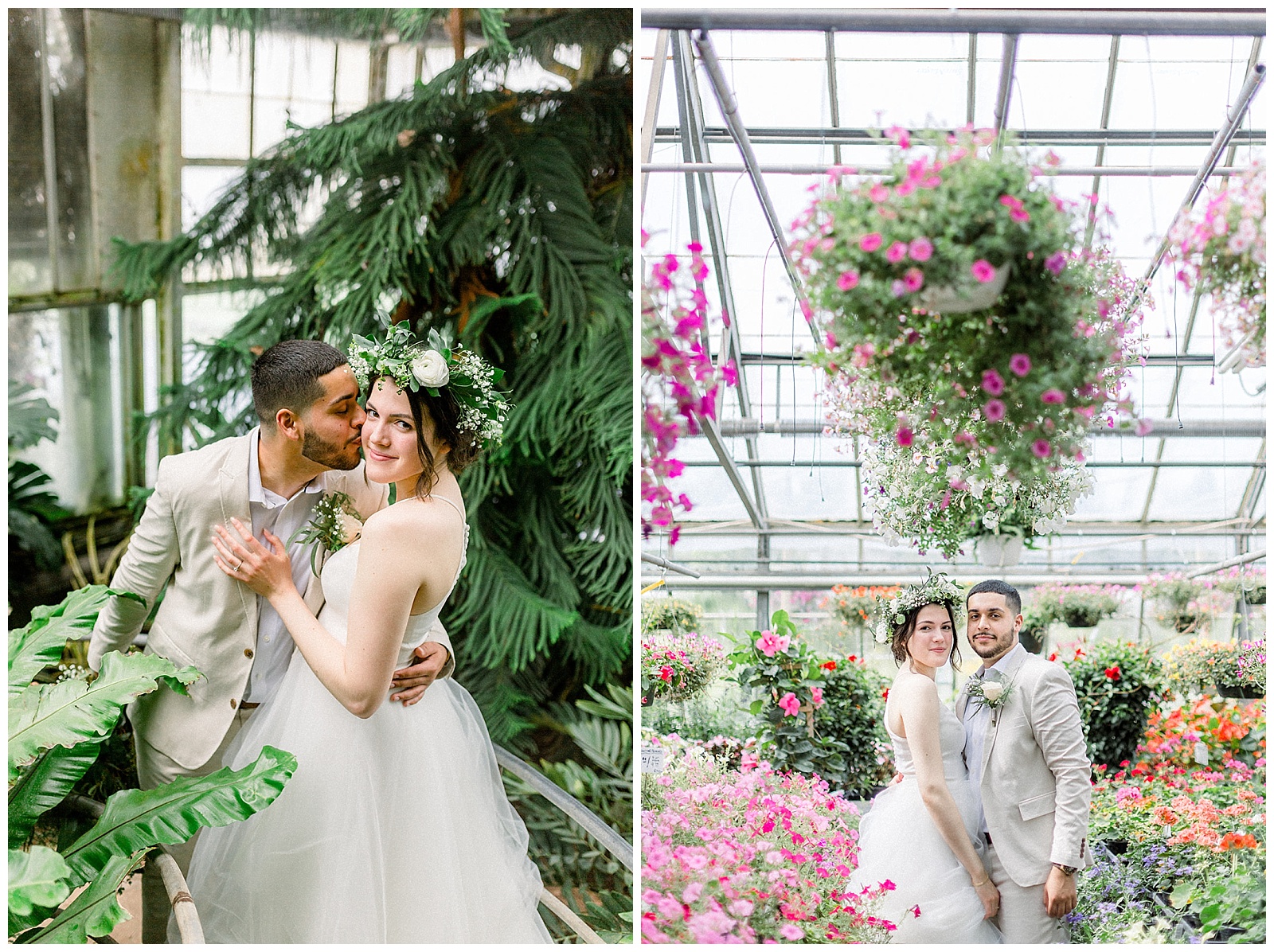 portrait of couple at otts exotic plants greenhouse in pa on their wedding day in boho wedding attire and floral crown, right before their intimate home DIY wedding ceremony