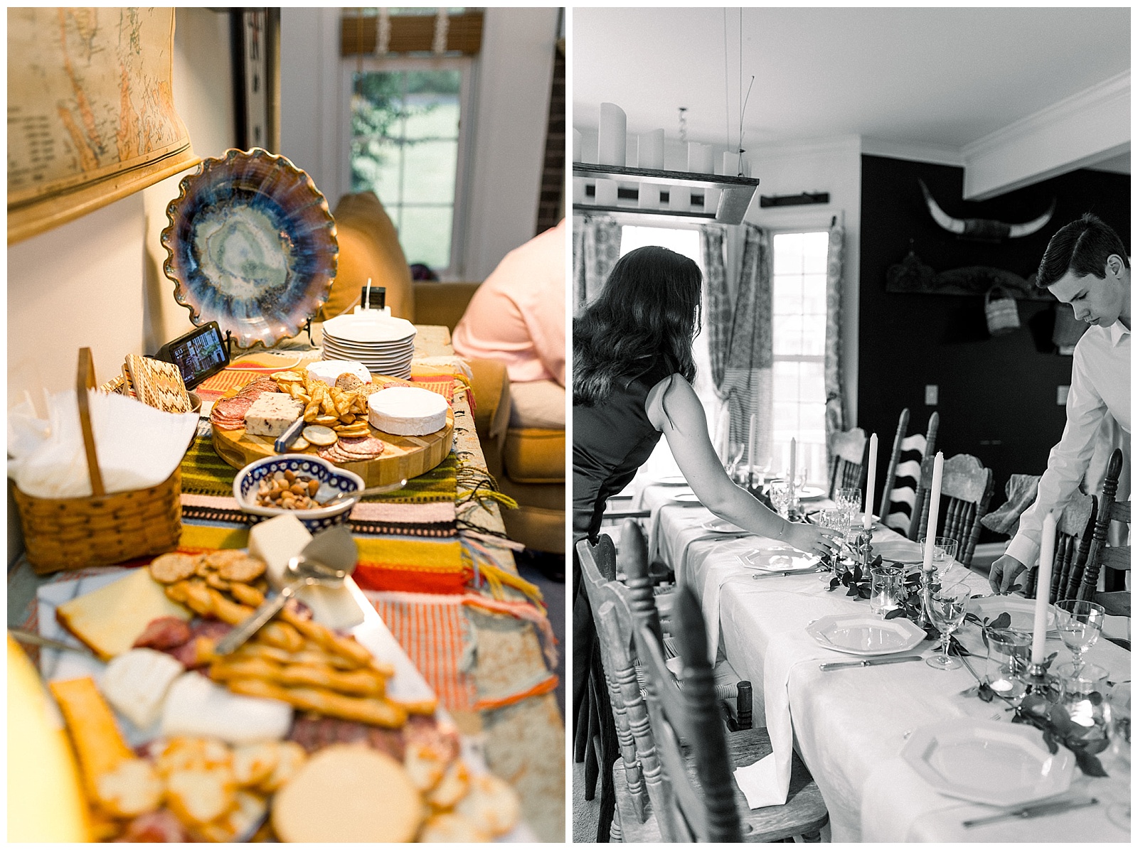 family members of the bride and groom set the dinner table with tall taper candles in preparation for intimate home wedding reception