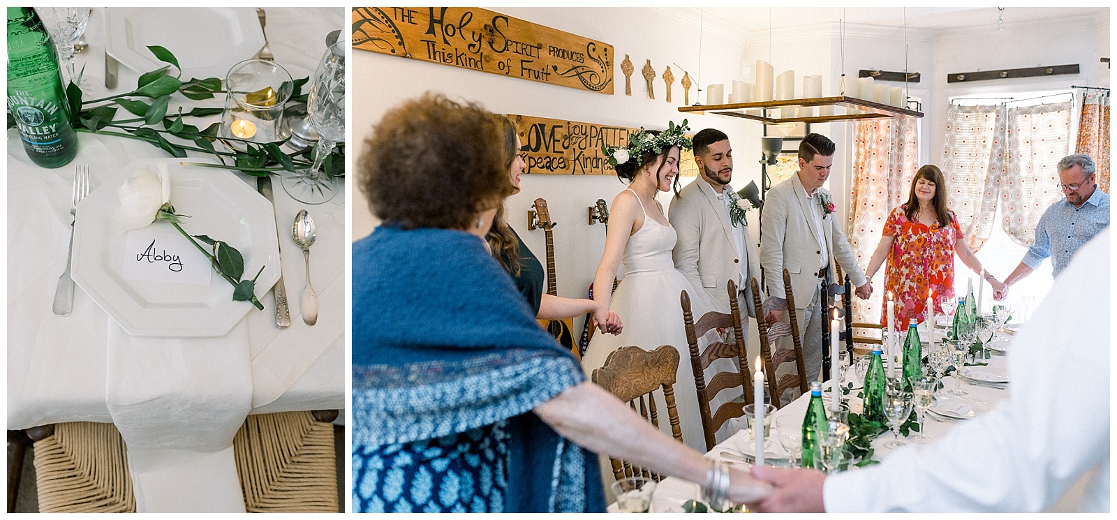 newlywed couple and friends gather around the dinner table, laughing and enjoying a toast at their own intimate home wedding dinner
