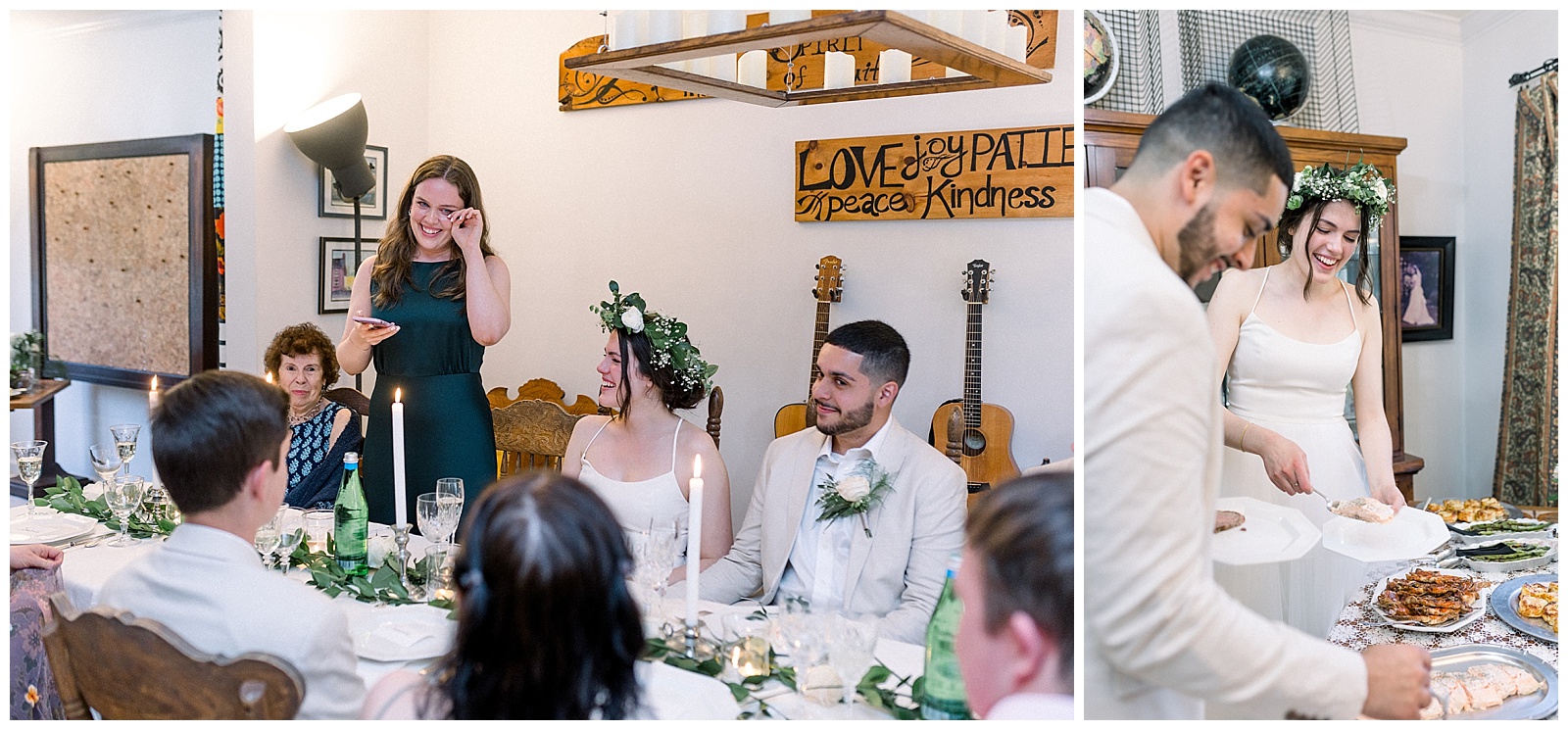 newlywed couple and friends gather around the dinner table, laughing and enjoying a toast at their own intimate home wedding dinner