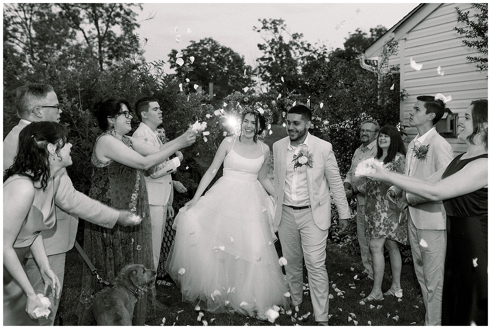 friends and family throw pedals and hold sparklers to celebrate newlyweds at pennsylvania intimate home wedding