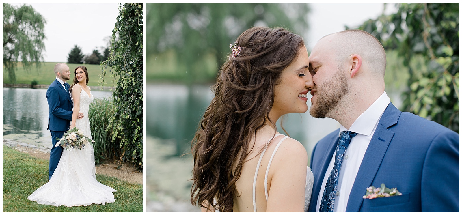 couple takes wedding portraits at lakefield weddings, a modern barn wedding venue