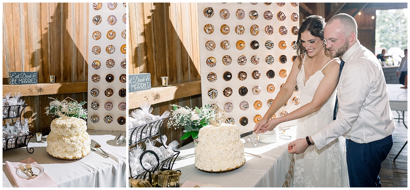 couple cuts their wedding cake in front of a donut wall at lakefield weddings, a modern barn wedding venue
