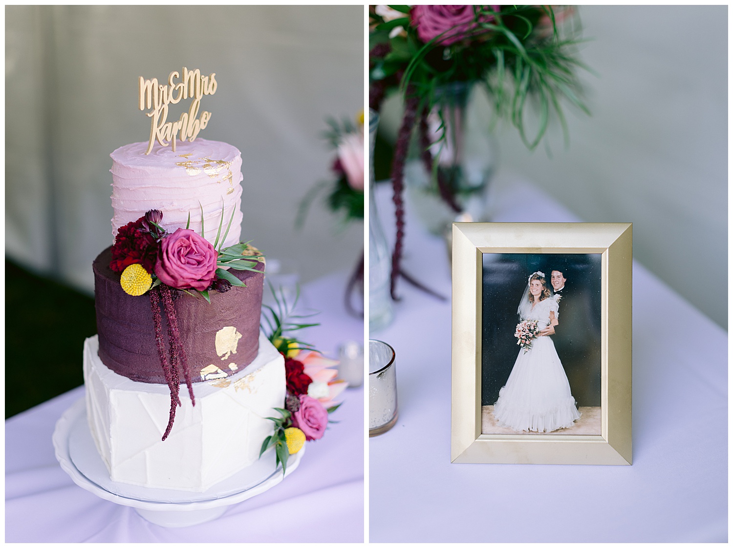 family wedding photos next to the beautiful cake