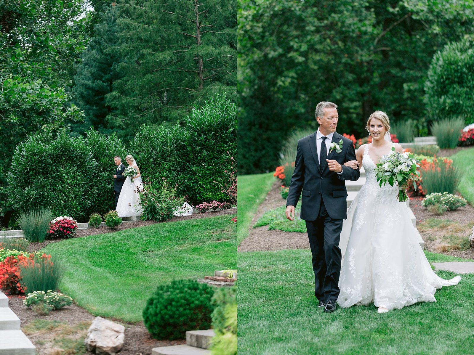 a bride and her father walk arm in arm down the steps through the garden at historic acres of hershey towards their wedding ceremony setup outdoors