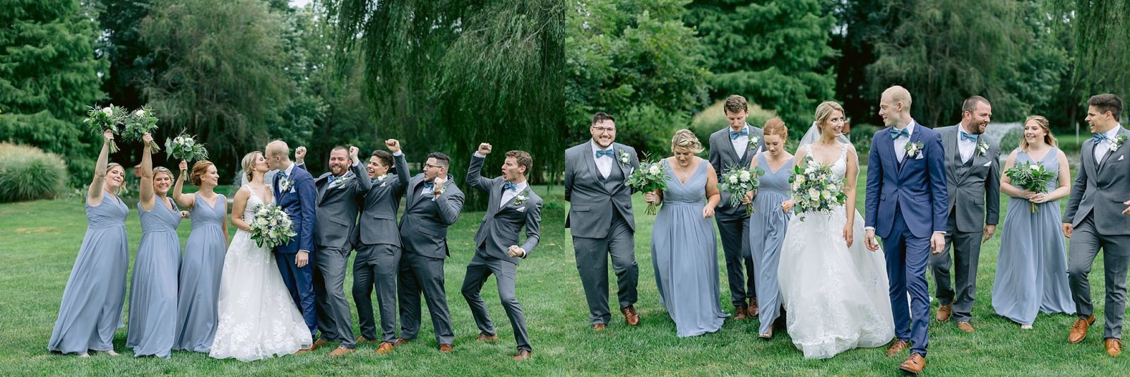 portraits of the full bridal party in blue full length gowns posing beneath the willow trees at historic acres of hershey