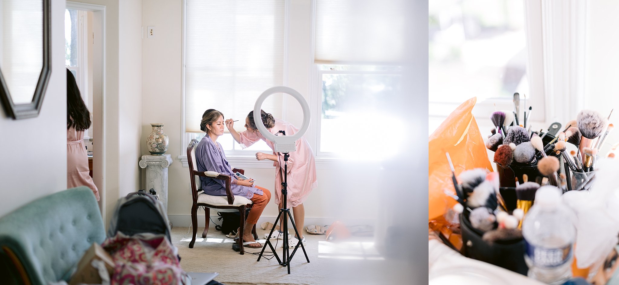 hair and makeup artists are hard at work preparing for this wedding in the bridal suit at walker's overlook in Maryland