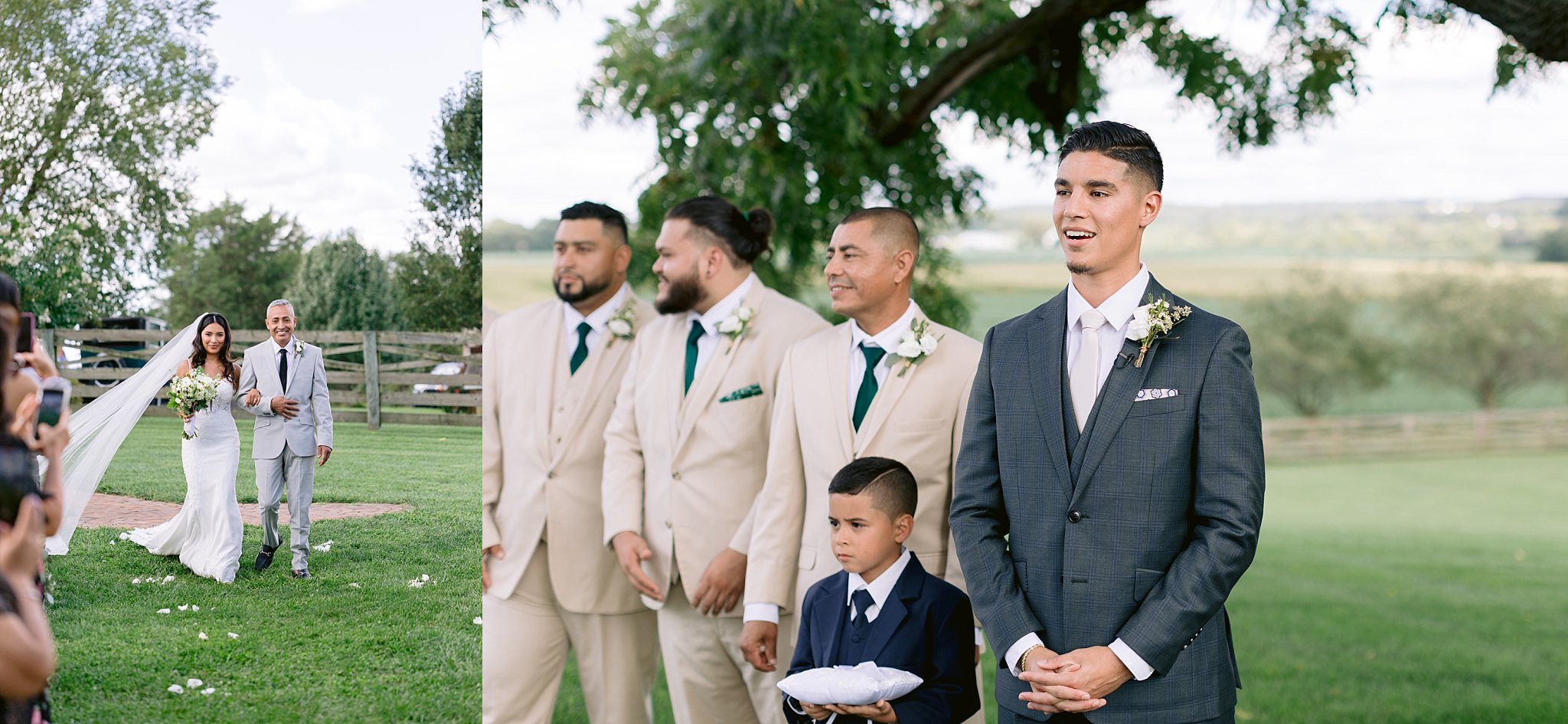 Photo of the groom at this pennsylvania wedding watching his bride walk down the aisle towards him, with the jaw open in awe of her. Such a sweet reaction!