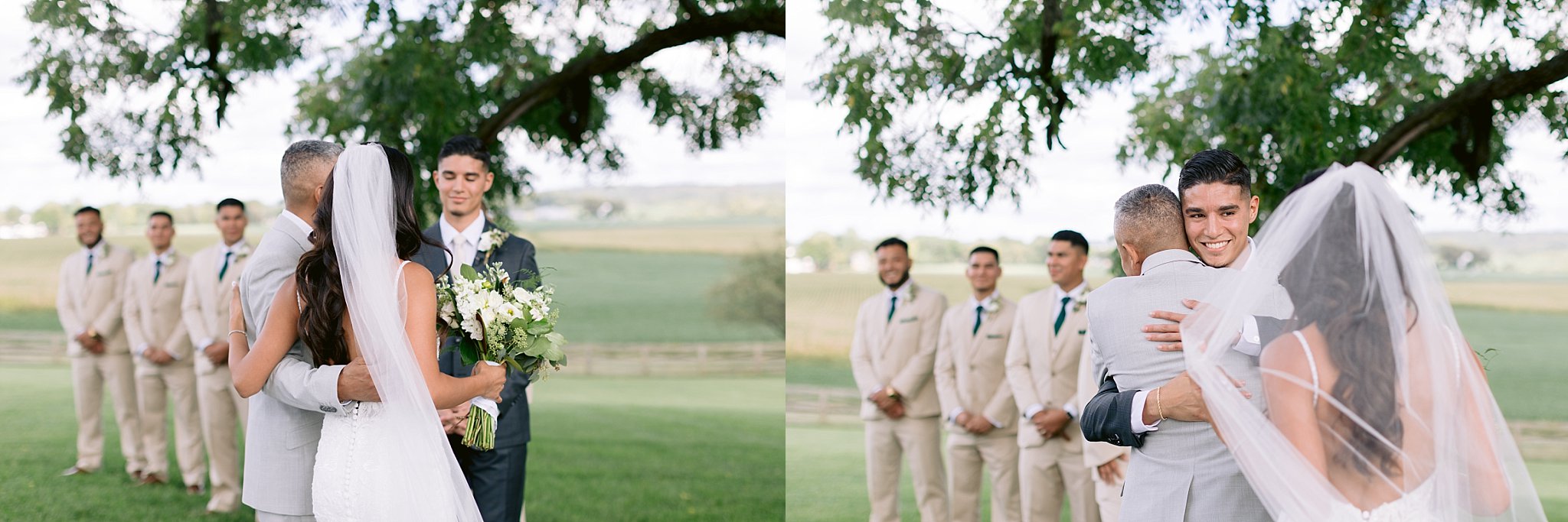 Father of the bride hugs his daughter's groom at the alter before handing her to the fiance she met while attending york college
