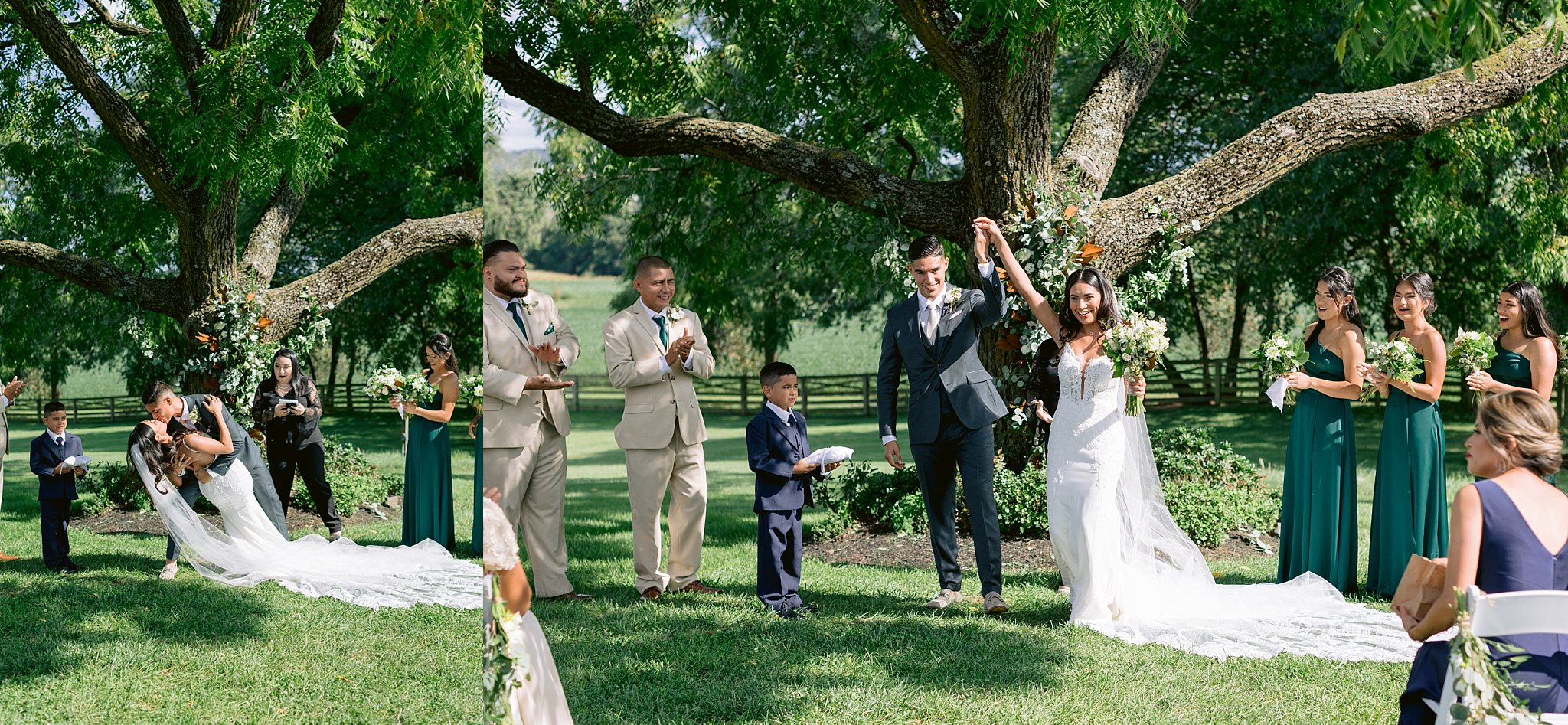 bride and groom share a first kiss to conclude their wedding ceremony under the large oak trees at walker's overlook wedding venue