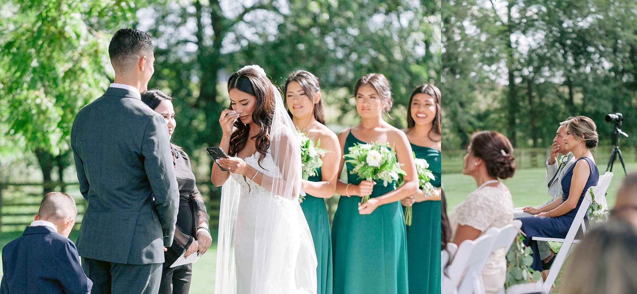 bride wipes away tears as she says her personal wedding vows, while her parents watch with tears in their own eyes during this york college alumni wedding at walkers overlook wedding venue in maryland
