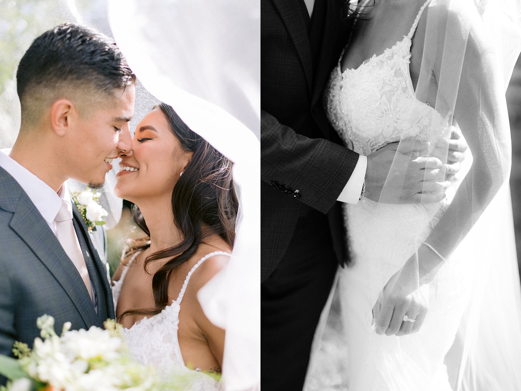 Romantic wedding portrait of york college pa alumni snuggled up under her cathedral veil at walker's overlook venue